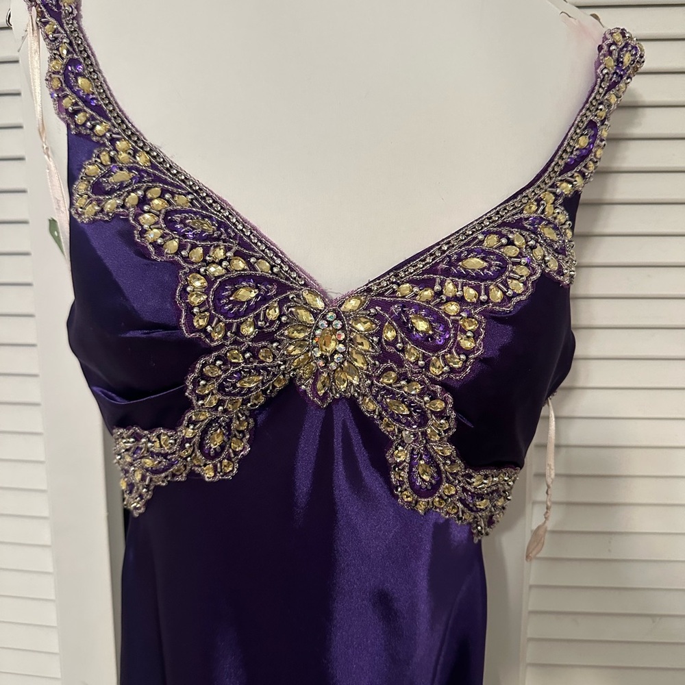 Elegant Purple Satin Dress with Gold Embellishments